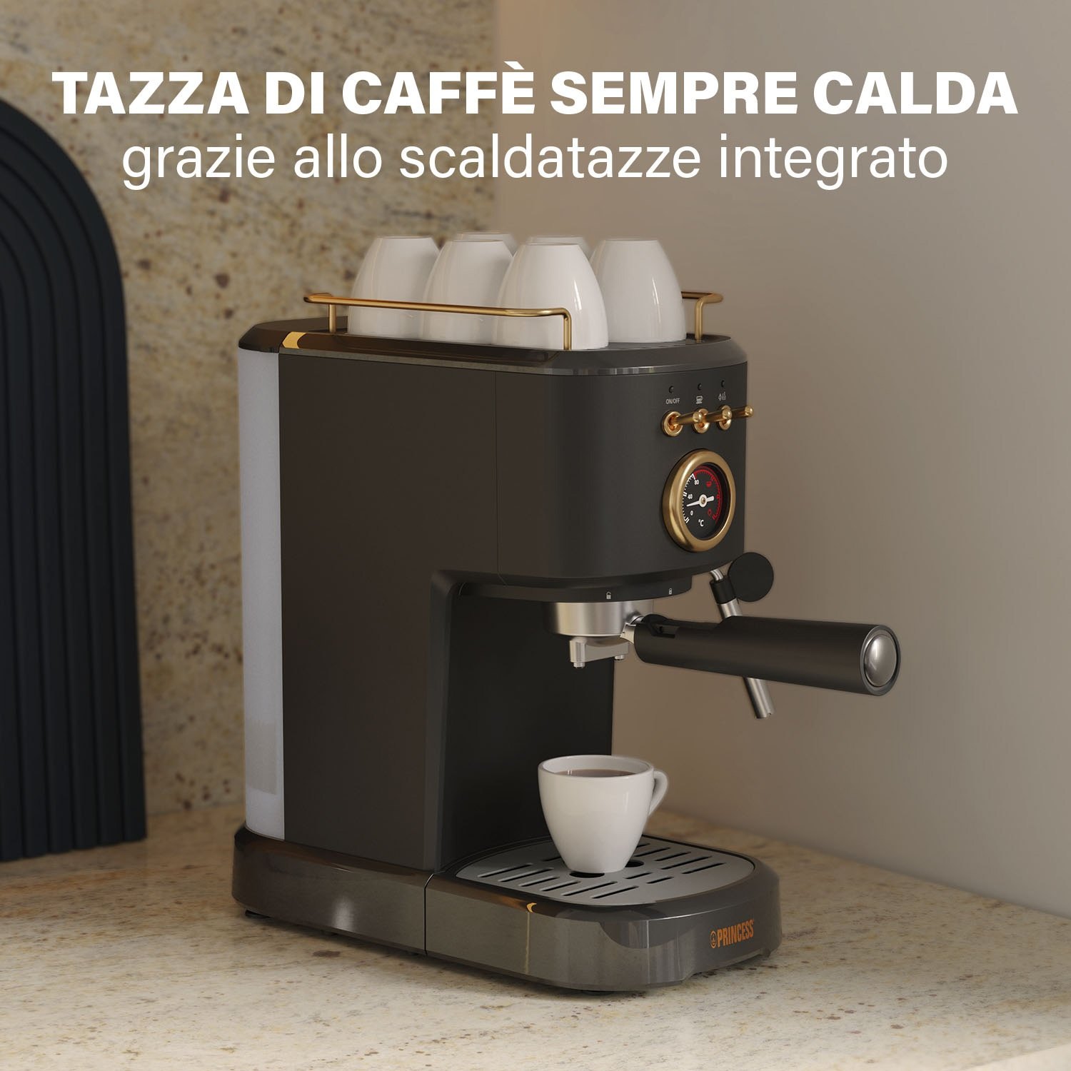 Macchina per caffè espresso nera e oro con una tazza.