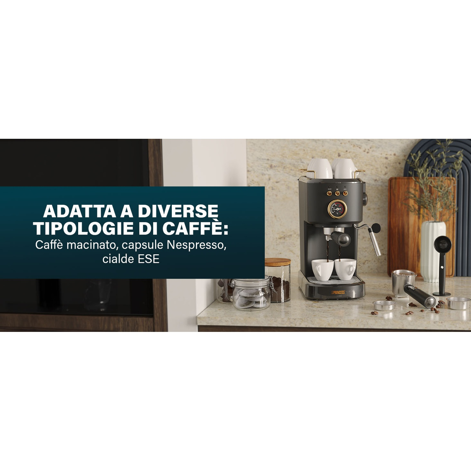 Macchina da caffè con due tazze, testo: 'ADATTA A DIVERSE TIPOLOGIE DI CAFFÈ'.