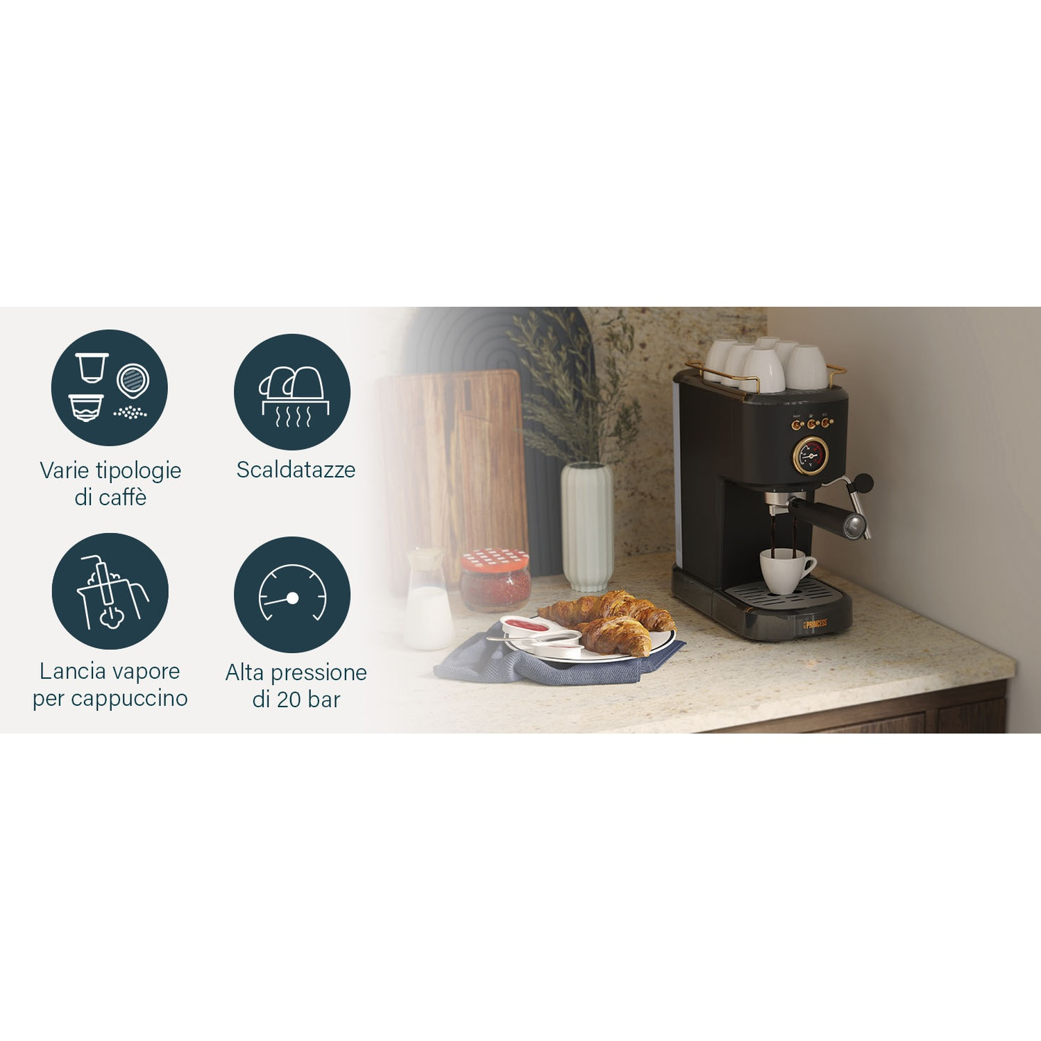Una macchina per caffè espresso con vari tipi di caffè, uno scaldatazze, una lancia a vapore e 20 bar di pressione, con croissant.