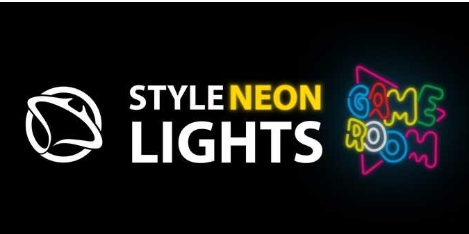 Neonowy znak z napisem STYLE NEON LIGHTS i GAME ROOM z logo na czarnym tle.