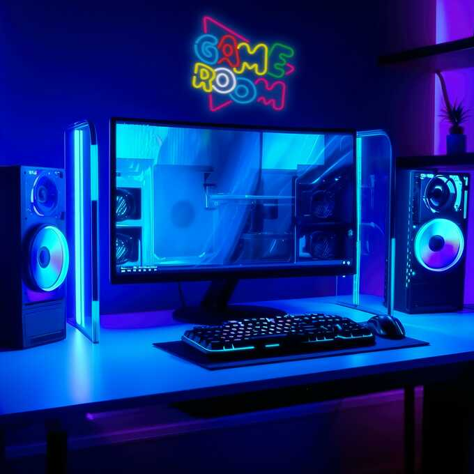 Ustawienia pokoju gier z neonem, komputerem, głośnikami i biurkiem.