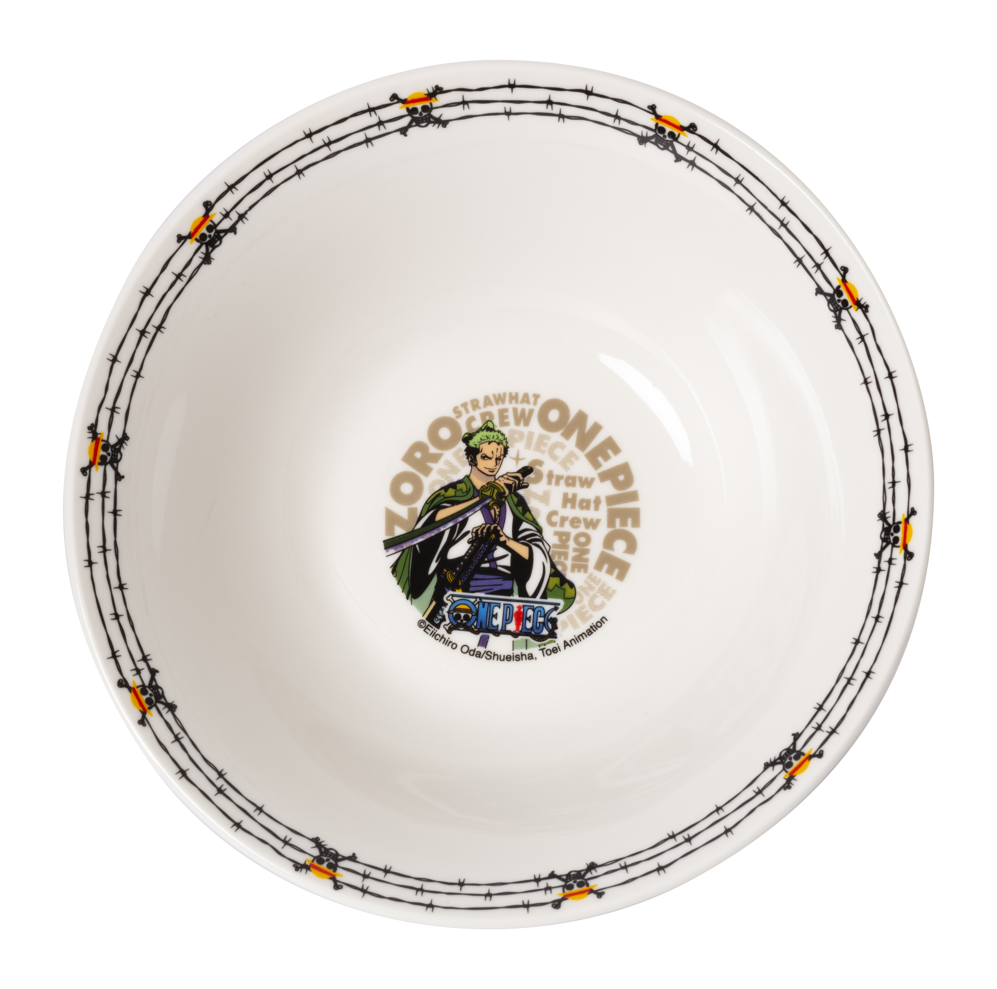 Eine weiße Schüssel mit einem One Piece-Design wird gezeigt.