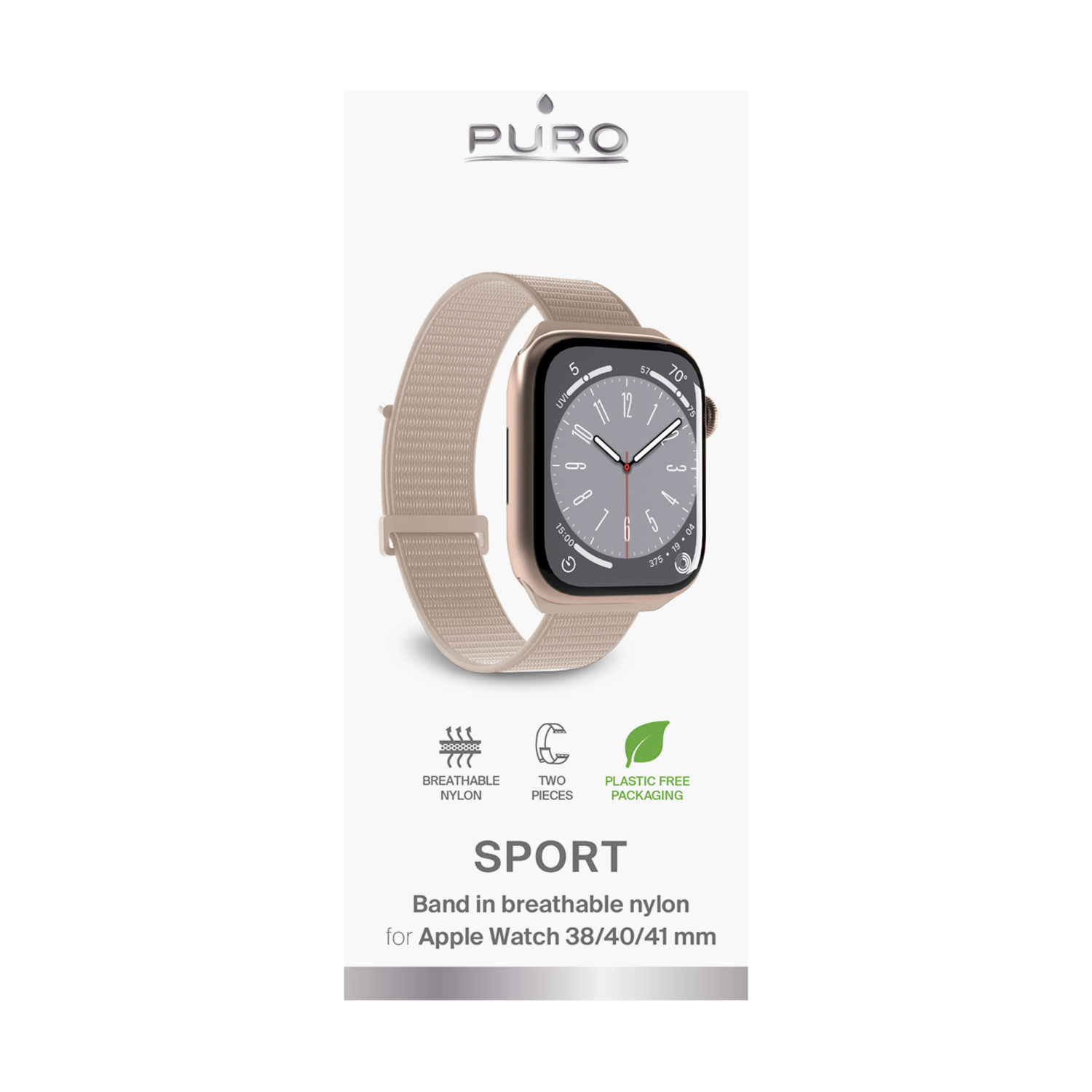 Uno smartwatch con cinturino in nylon e una scheda informativa del prodotto su una superficie bianca, con icone.