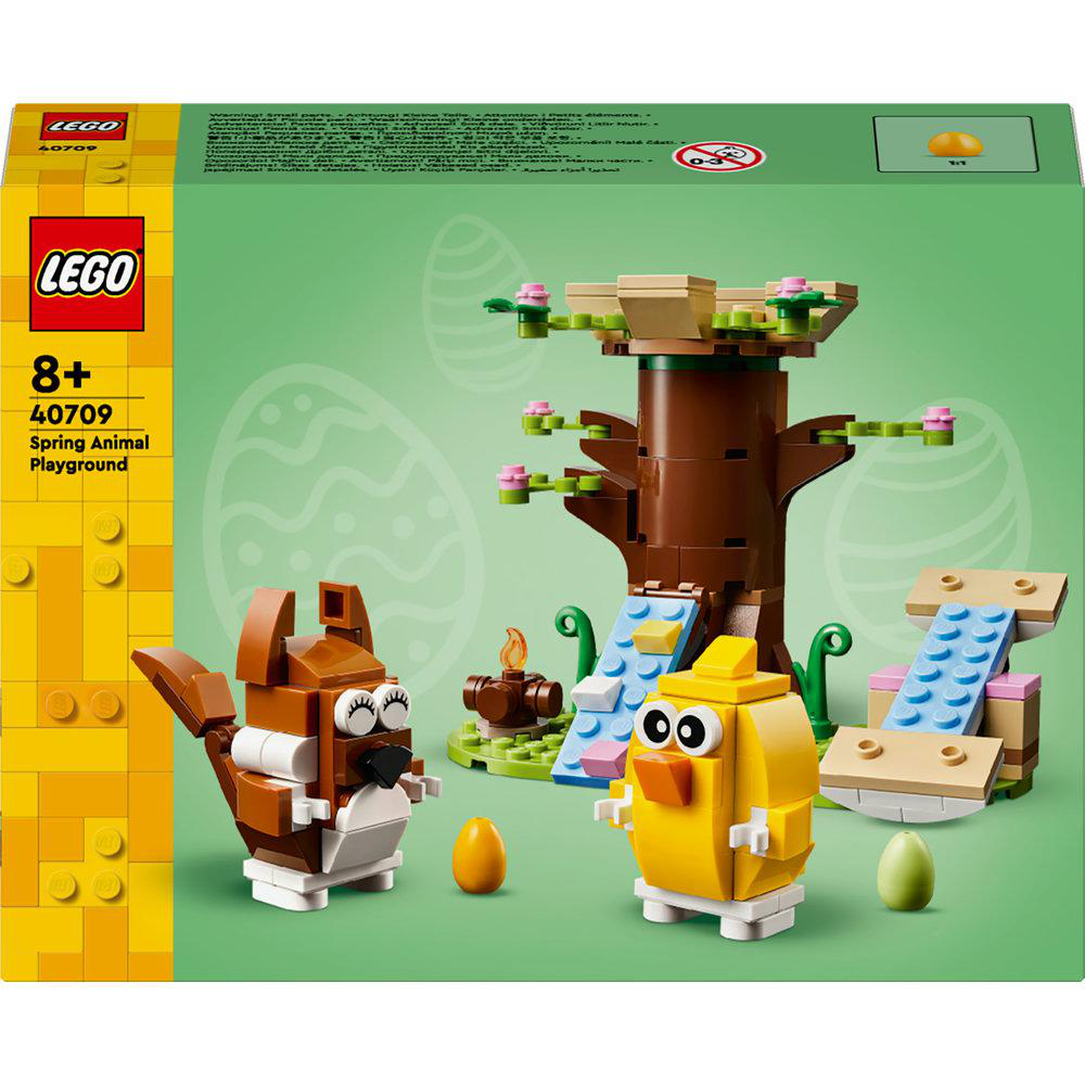 Ein Lego Spring Animal Playground Set, mit Eichhörnchen, Küken, Baum und zwei Rutschen.