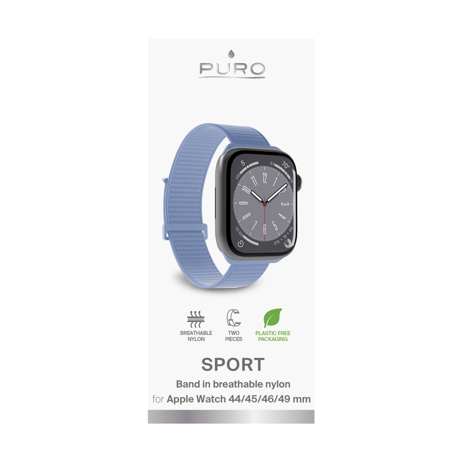 Apple Watch con cinturino blu e testo 'PURO' sopra. Icone per nylon, due pezzi e senza plastica.