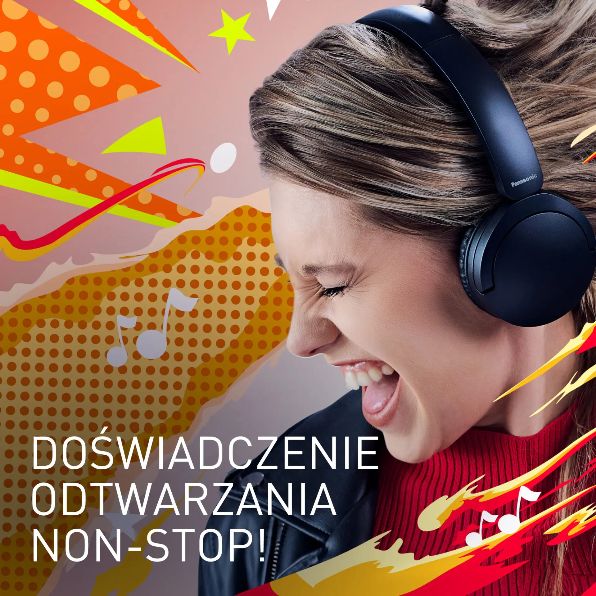 Kobieta w słuchawkach krzyczy, z nutami muzycznymi i kolorowym, abstrakcyjnym tłem.