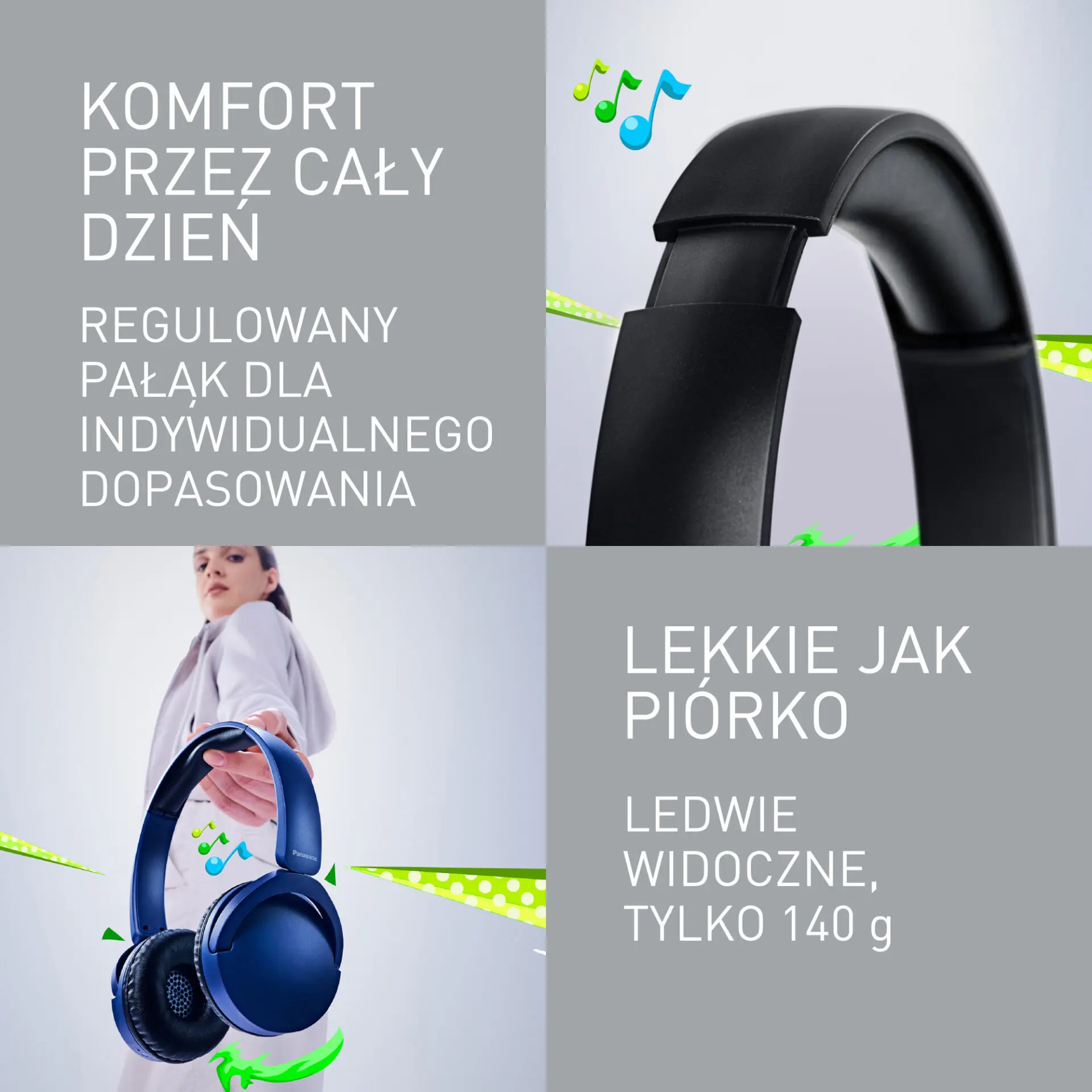 Słuchawki z niebieskim pałąkiem, trzymane przez kobietę. Tekst o komforcie i regulacji.