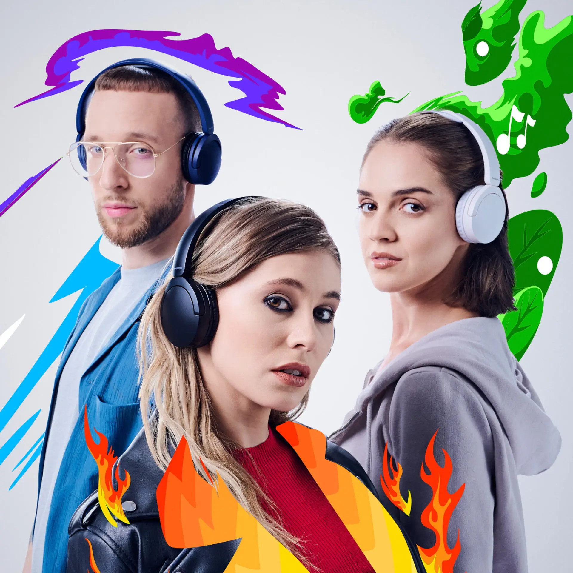 Trzy osoby w słuchawkach, z kolorową grafiką wokół nich.