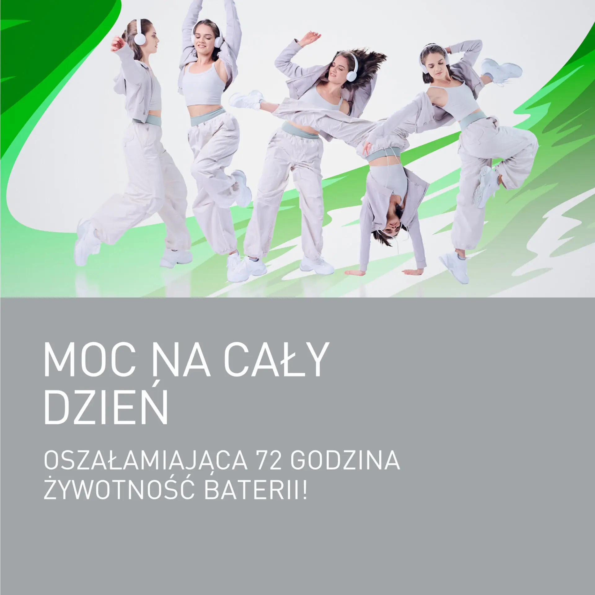 Osoby w strojach sportowych ze słuchawkami tańczące, tekst o żywotności baterii.