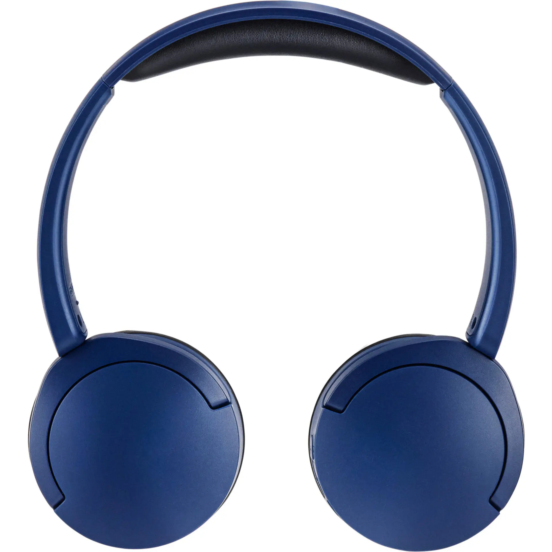 Niebieskie słuchawki z czarnym pałąkiem, białe tło.