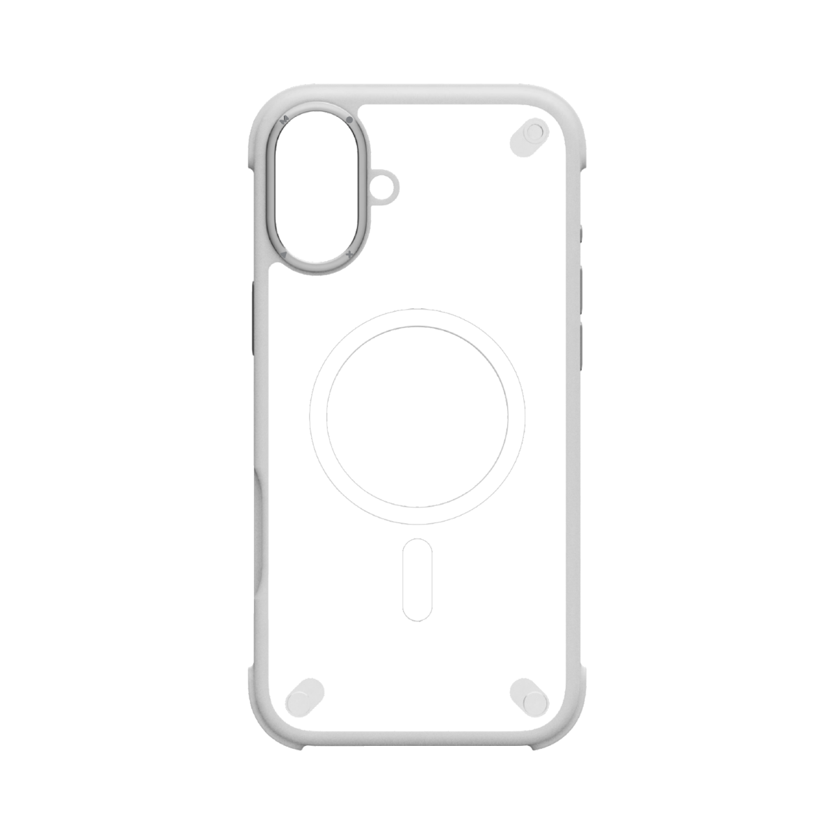 Şeffaf arka yüzü olan beyaz bir iPhone kılıfı. Arka plan siyah.