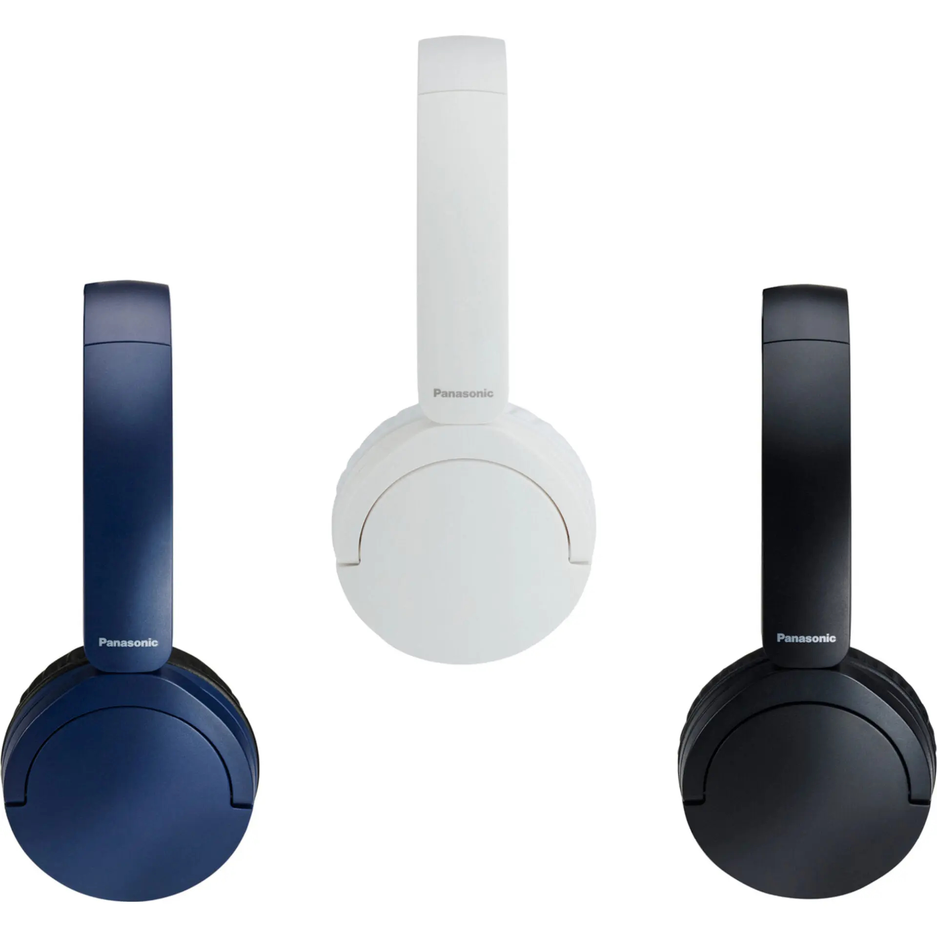 Trzy słuchawki, granatowe, białe i czarne. Wszystkie są skierowane do przodu.