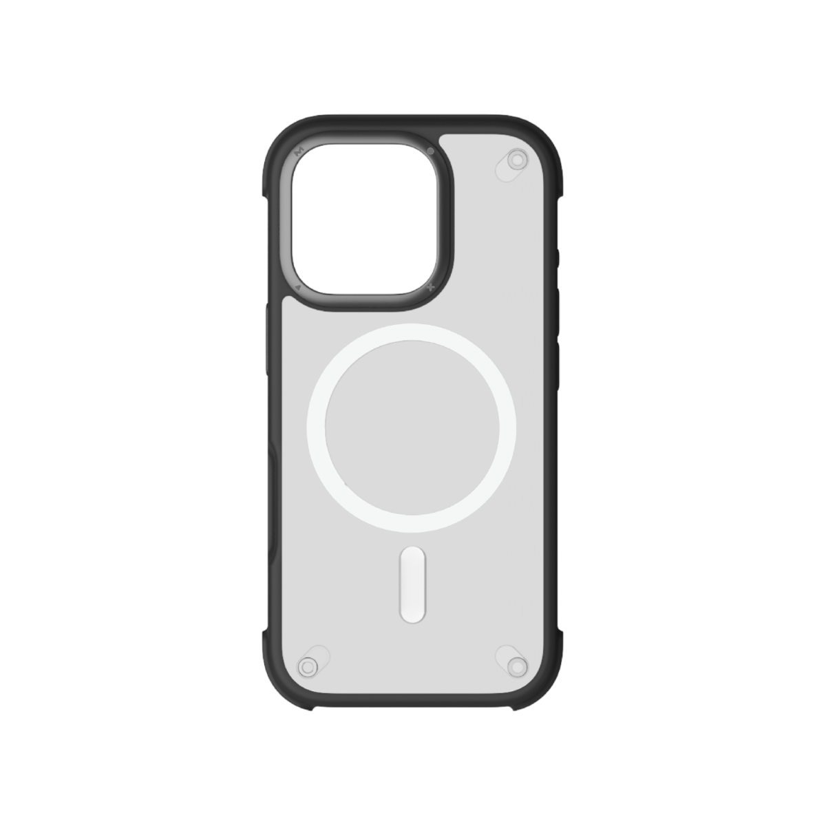 Beyaz dairesel manyetik öğe içeren, şeffaf sırtlı ve siyah çerçeveli bir iPhone kılıfı.