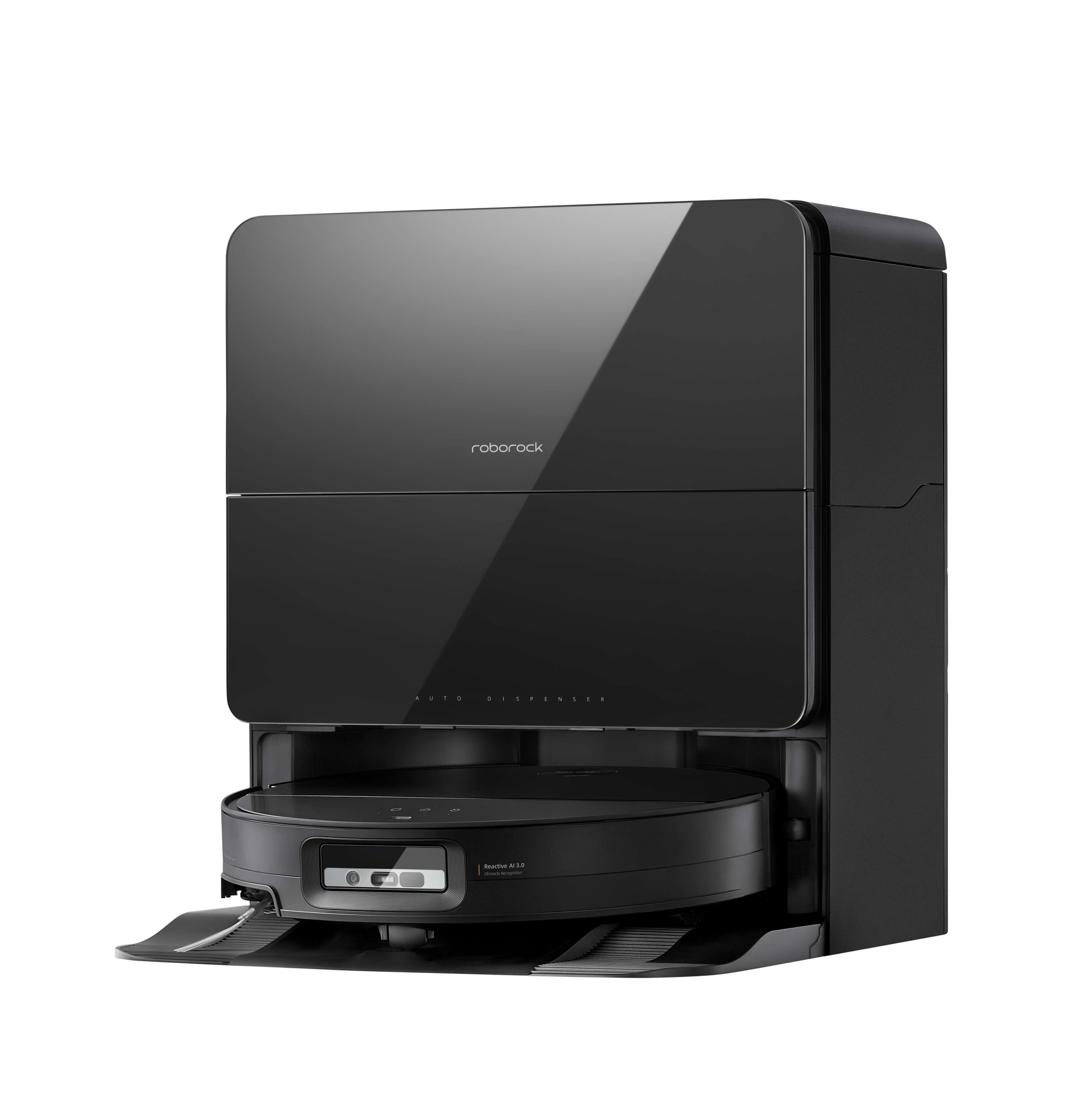 Schwarzer Roboter-Staubsauger mit Ladestation.