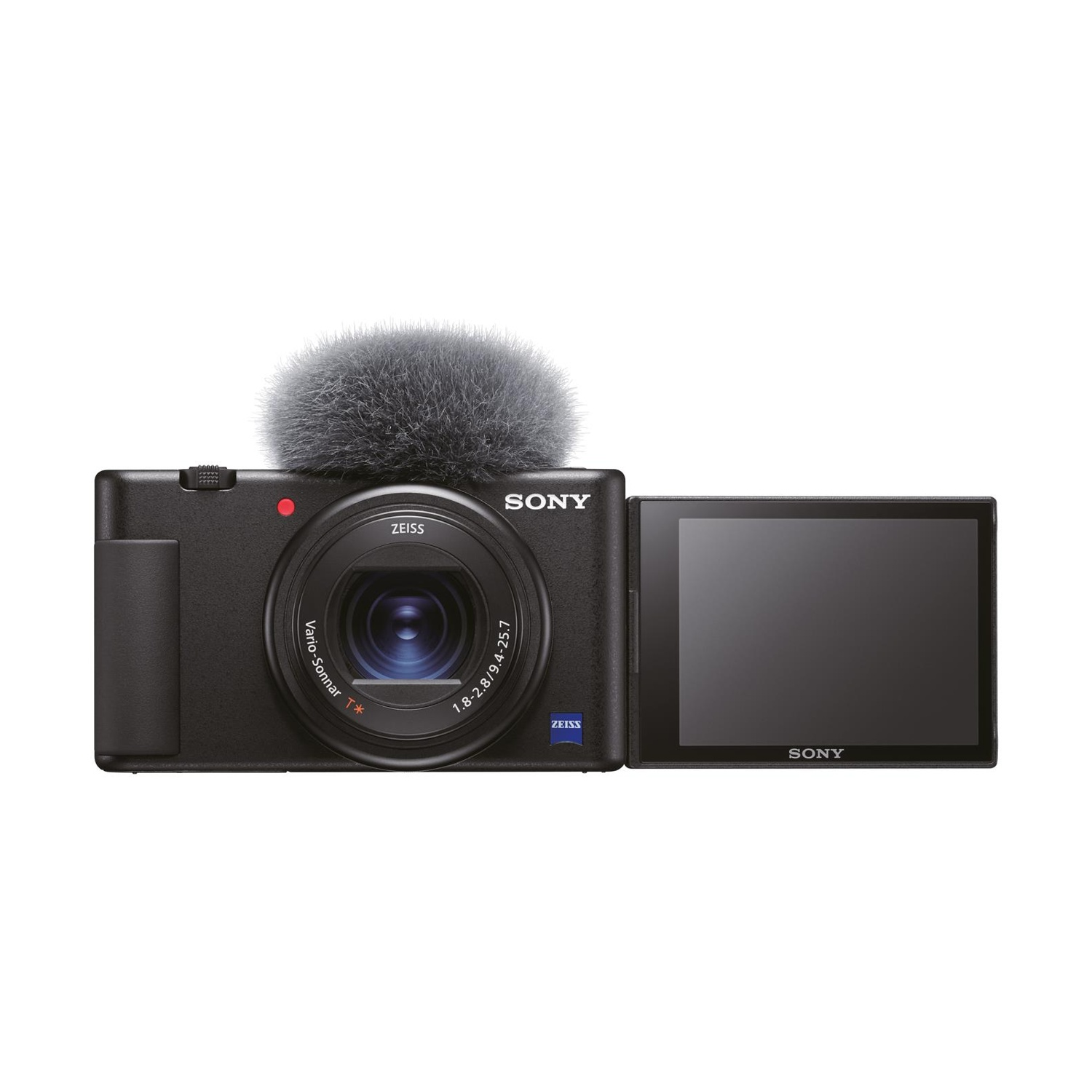 Fotocamera nera con microfono e schermo. Sfondo bianco. La fotocamera è su un tavolo.