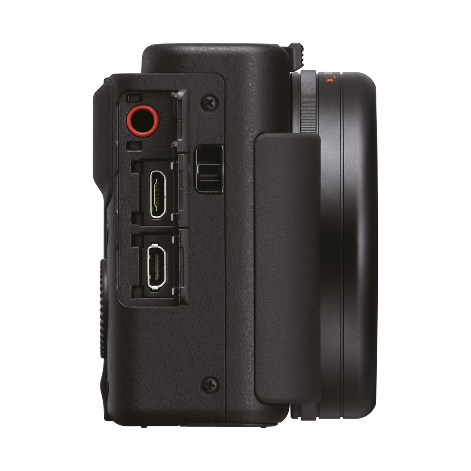 Fotocamera nera, vista laterale, mostra porte audio, HDMI e USB, con obiettivo.