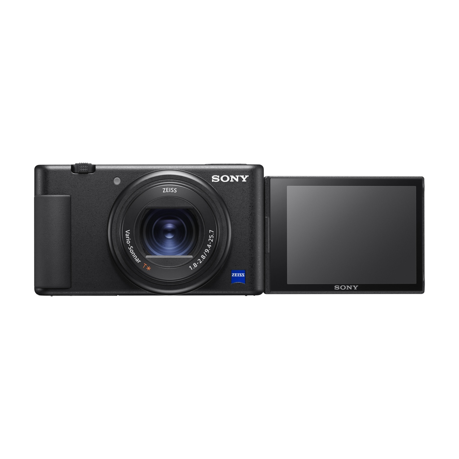 Fotocamera nera con obiettivo, schermo aperto e controlli visibili.