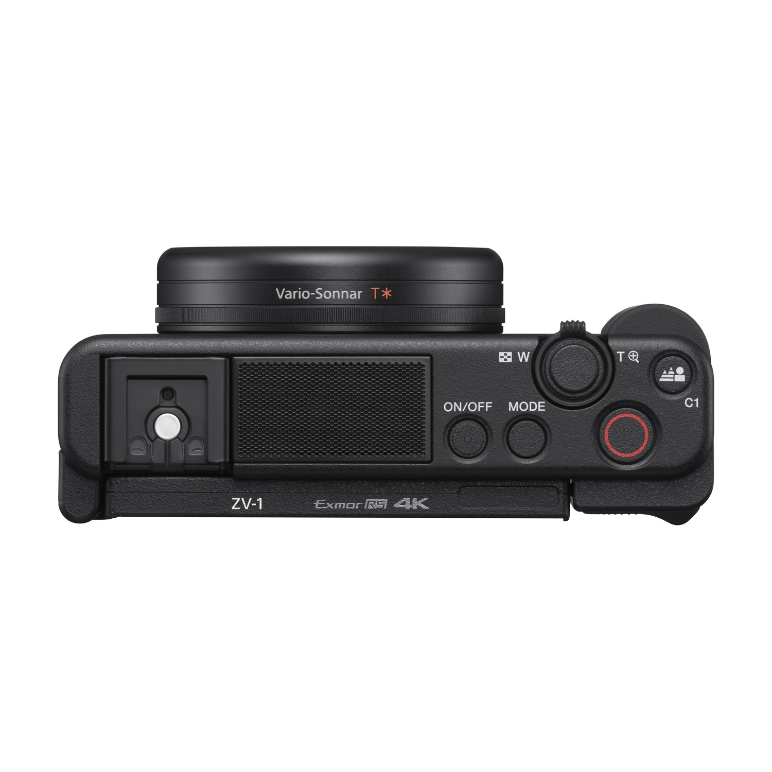 Fotocamera nera con obiettivo, pulsanti e ghiera di controllo.