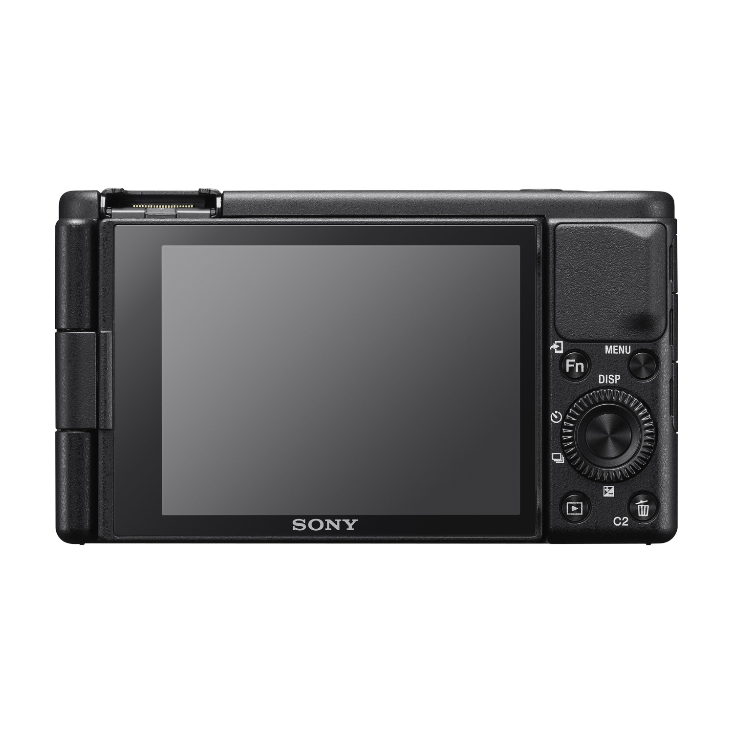 Il retro di una fotocamera Sony nera. Sono visibili uno schermo e dei pulsanti.