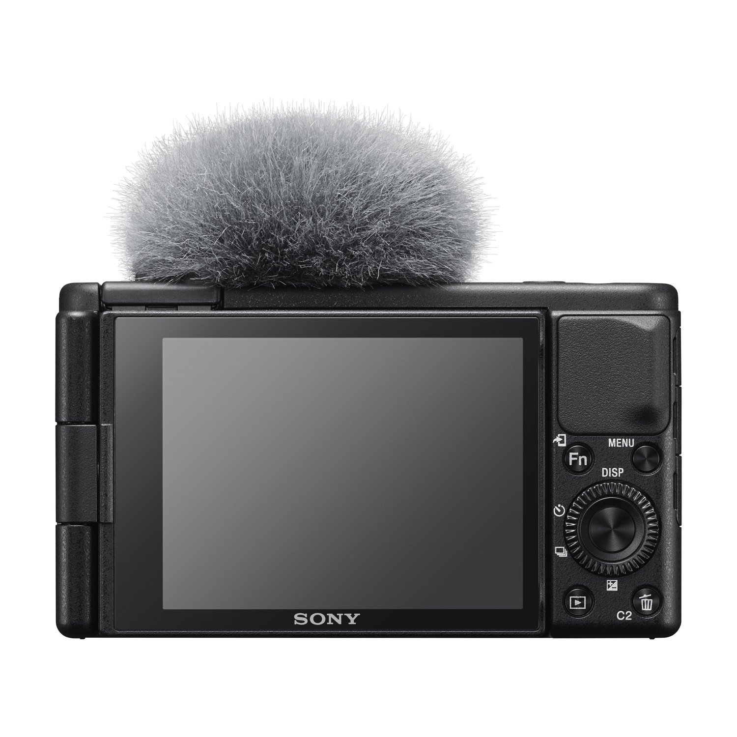 Fotocamera Sony nera con microfono collegato, il display è acceso e mostra le impostazioni della fotocamera.