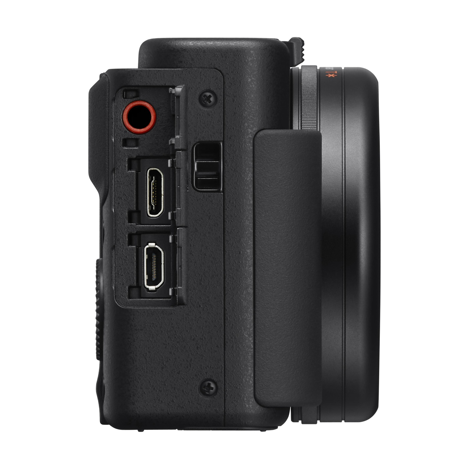 Fotocamera nera, vista laterale, con porte per connessioni esterne e un obiettivo.