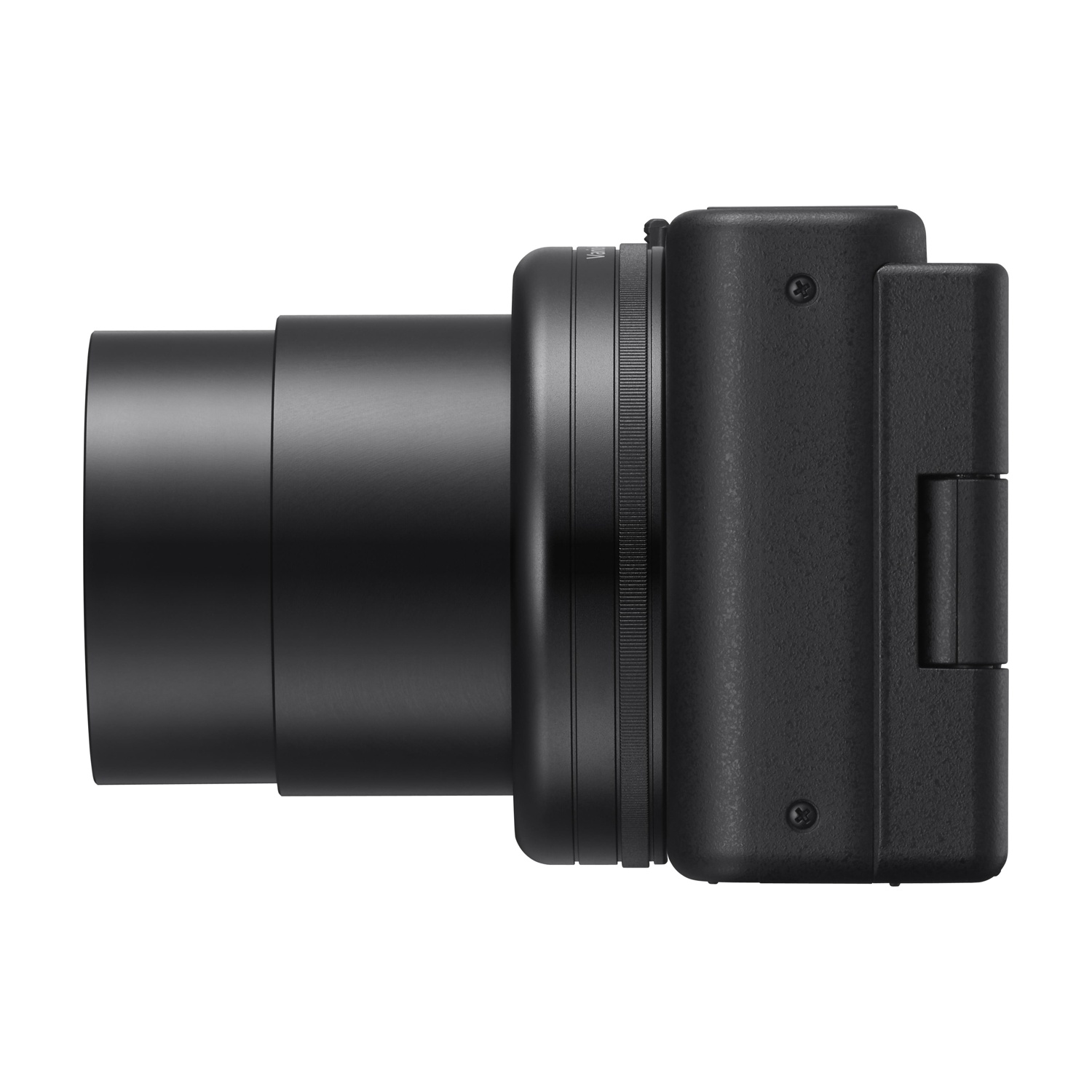 Fotocamera compatta nera, vista laterale, con obiettivo zoom esteso.