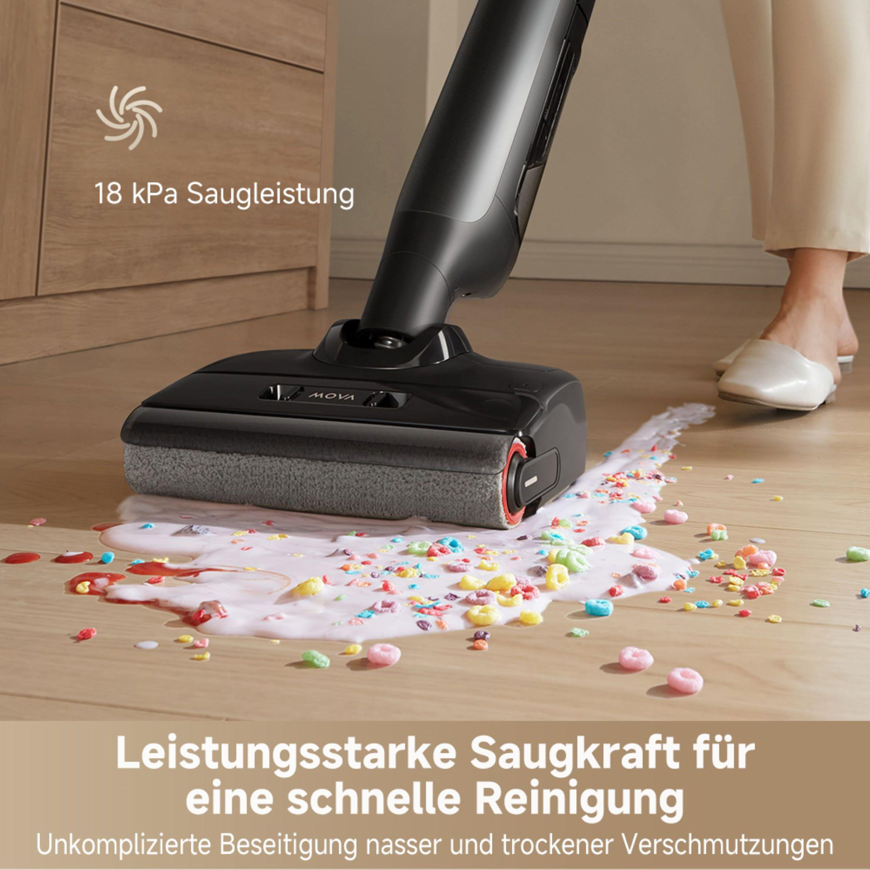 Staubsauger reinigt einen Boden mit bunten Verschüttungen, Produktbeschreibung.