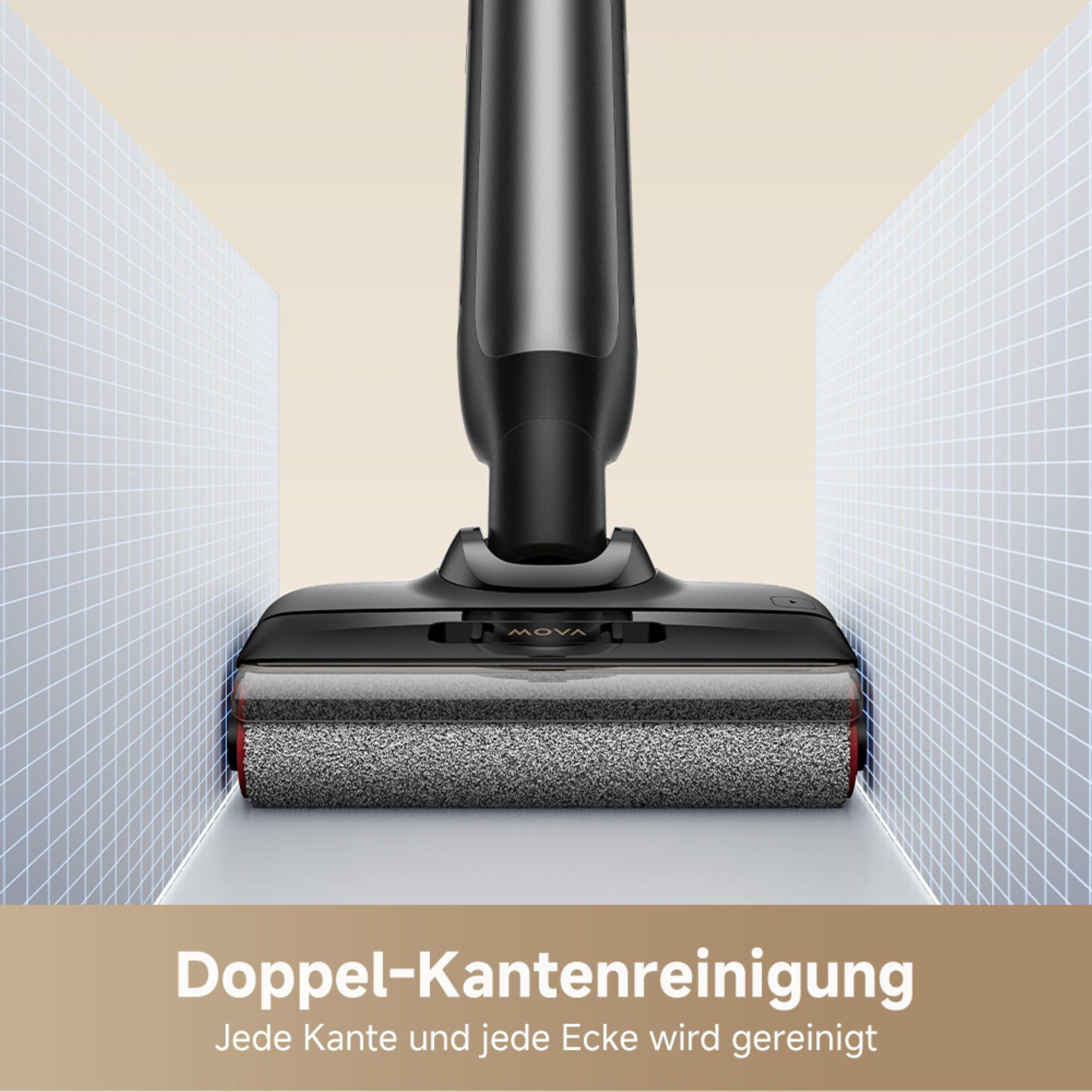 Ein Staubsaugerkopf reinigt einen Boden. Text sagt "Doppel-Kantenreinigung" mit Text darunter.