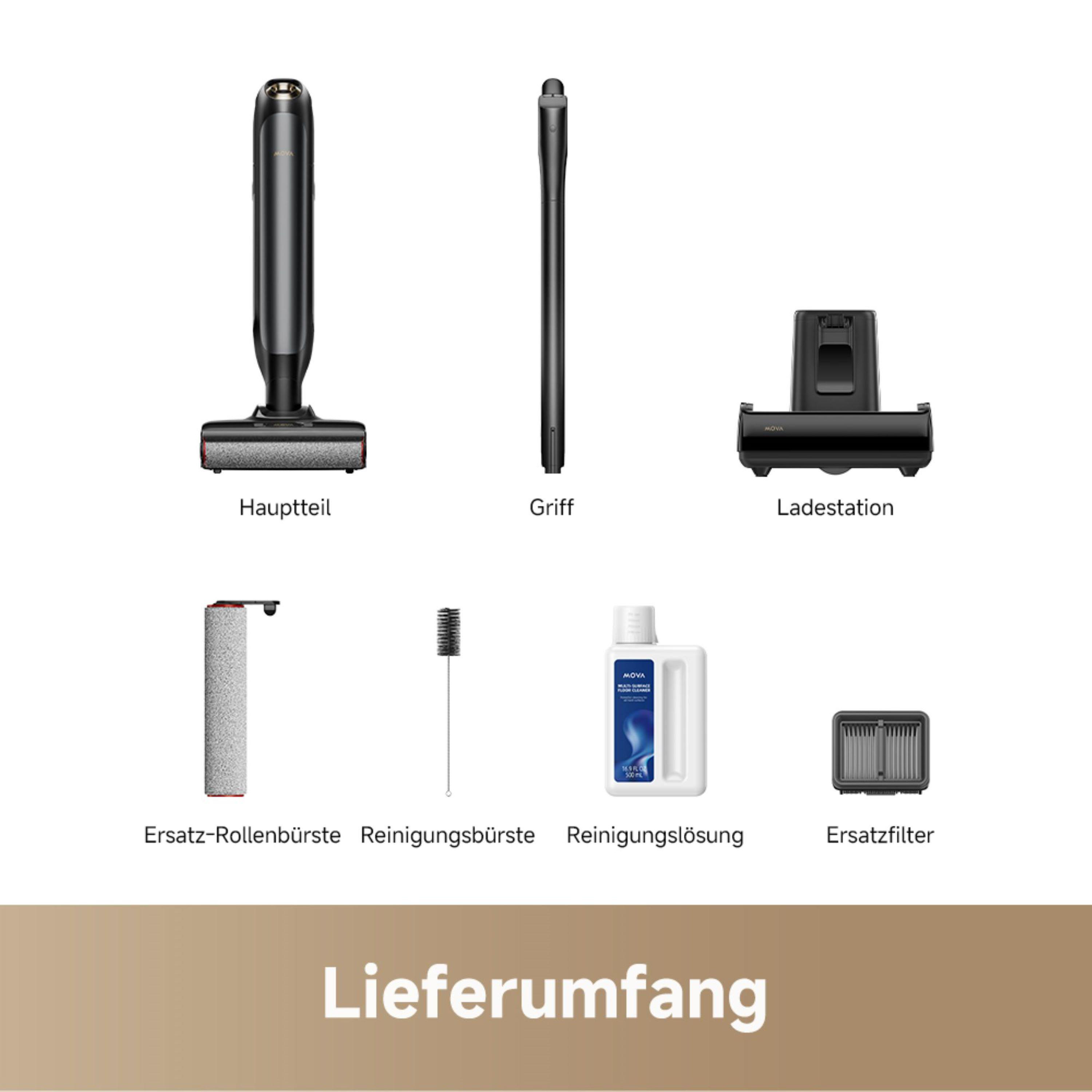 Staubsaugerkomponenten: Haupteinheit, Griff, Ladestation, Walzenbürste, Reinigungsbürste und Filter.