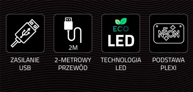 Czarne tło z czterema białymi ikonami: zasilanie USB, kabel 2 metry, technologia LED i podstawa Plexi.