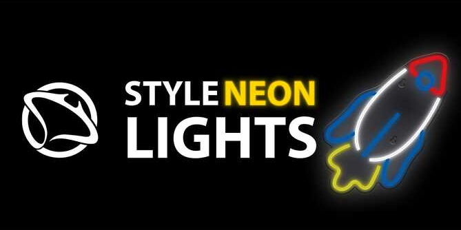 Czarne tło z białym logo i napisem "STYLE NEON LIGHTS". Neon w kształcie rakiety po prawej.