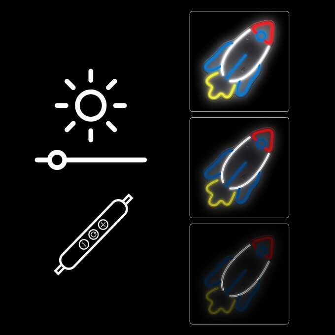 Ikony: słońce, suwak i długopis sterujący. Trzy ikony rakiet z kolorowymi płomieniami.