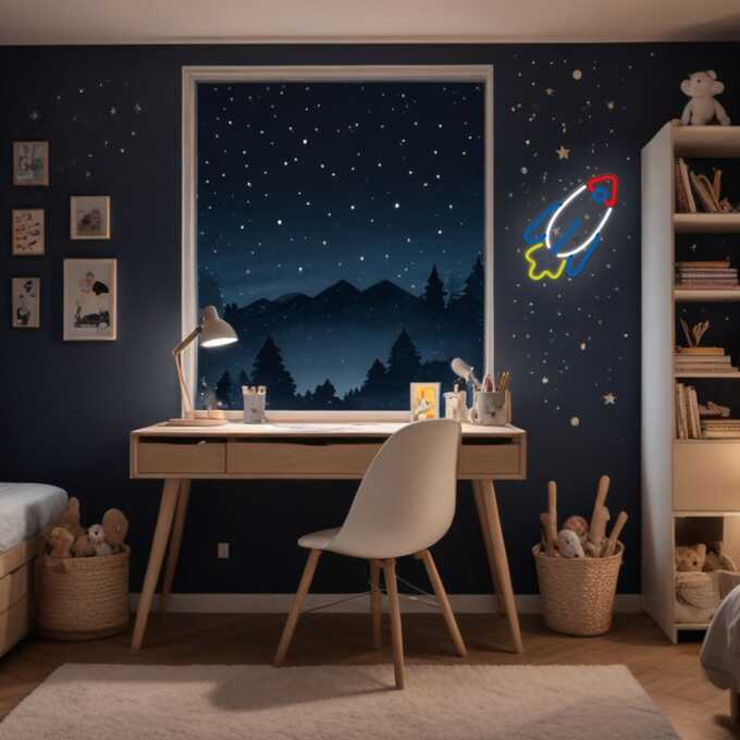 Scena sypialni z biurkiem i oknem w niebo nocą.