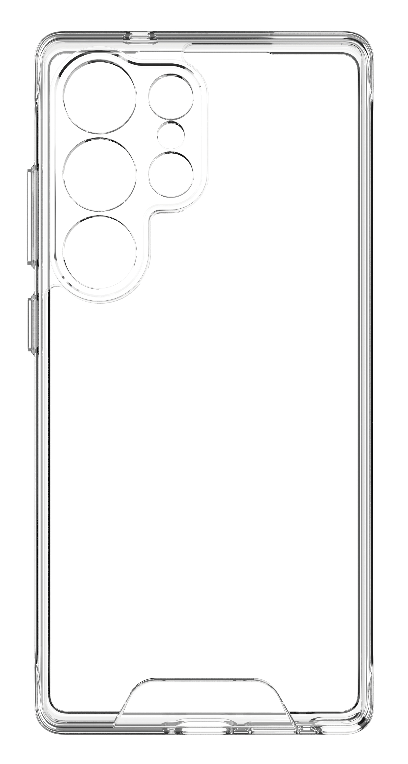 Eine transparente Handyhülle mit Aussparungen für Kamera, Lautstärketasten und Ladeanschluss.