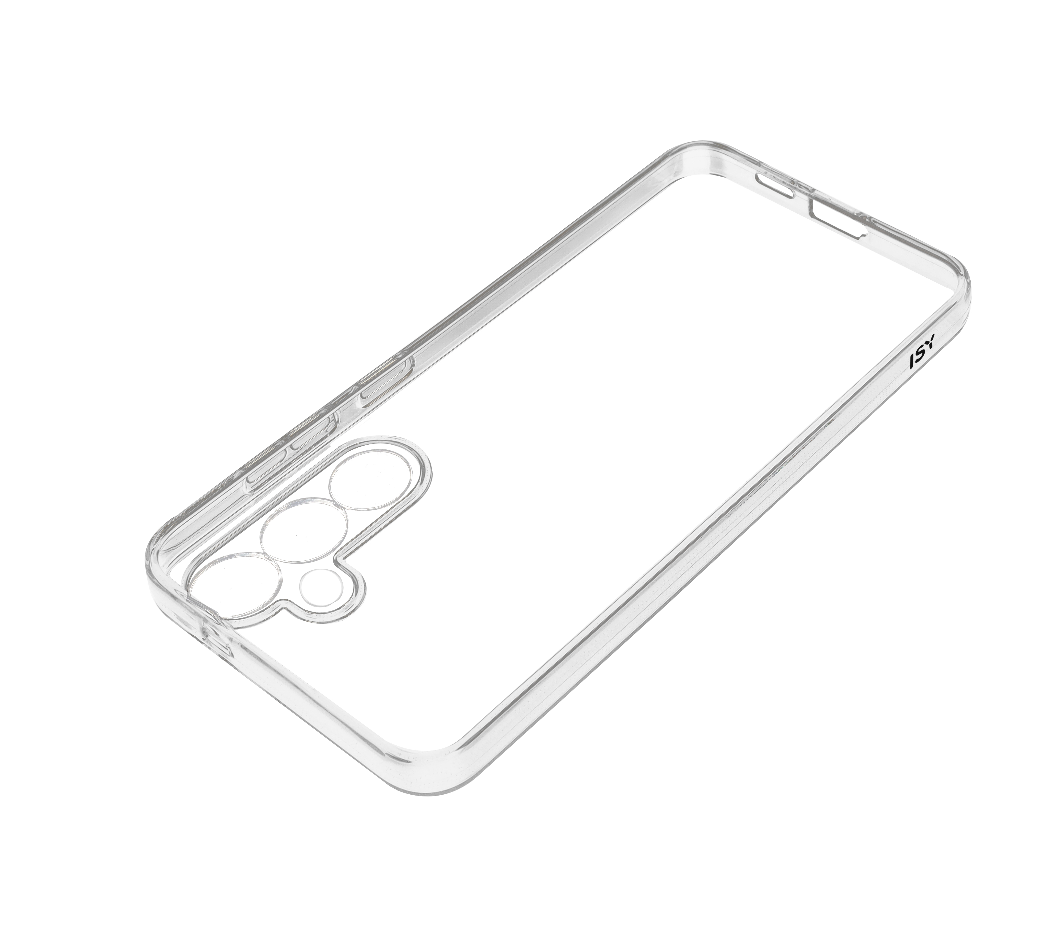 Eine transparente Telefonhülle mit Kameraausschnitten, ISY-Text an der Seite.