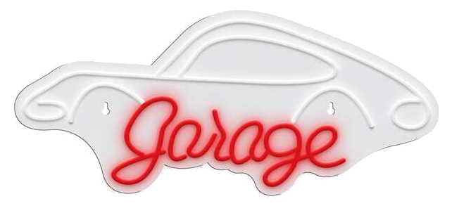 Biały znak w kształcie samochodu z czerwonym neonowym napisem 'Garage'.