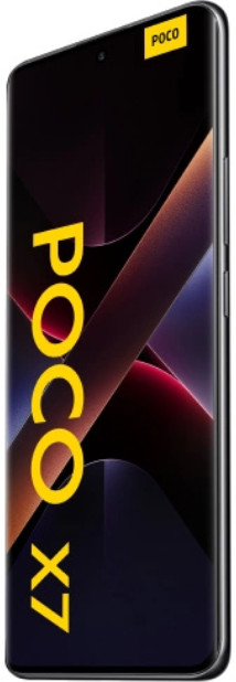 Czarny telefon z żółtym logo POCO na czarnym i czerwonym tle.