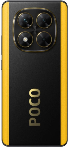 Tył czarno-żółtego telefonu Poco z obiektywami aparatu.