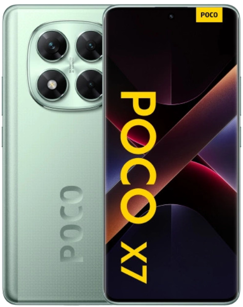 Zielony smartfon Poco X7. Trzy tylne aparaty, logo Poco i czarne tło.