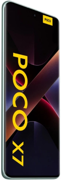 Czarny telefon POCO X7 z żółtym logo POCO po prawej stronie u góry. Telefon ma zakrzywiony ekran.