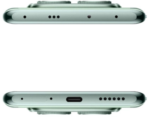 Jasnozielony telefon z otworami u góry i u dołu.