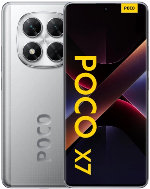 Srebrny smartfon Poco X7, widok z tyłu pokazujący aparaty. Widok z przodu pokazujący ekran z tekstem.