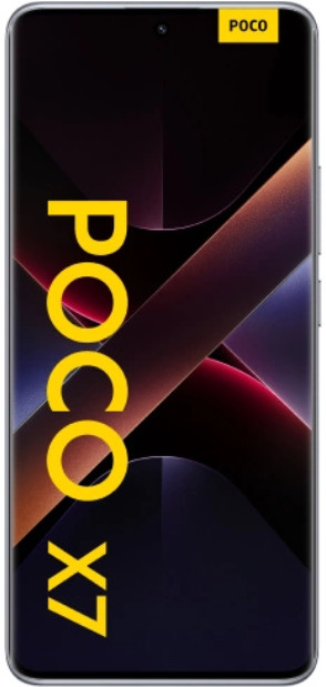 Czarny smartfon Poco X7 z jasnym ekranem, logo POCO.