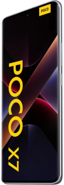 Smartfon z czarnym ekranem, abstrakcyjnym wzorem, żółtym logo POCO X7 i logo POCO w rogu.