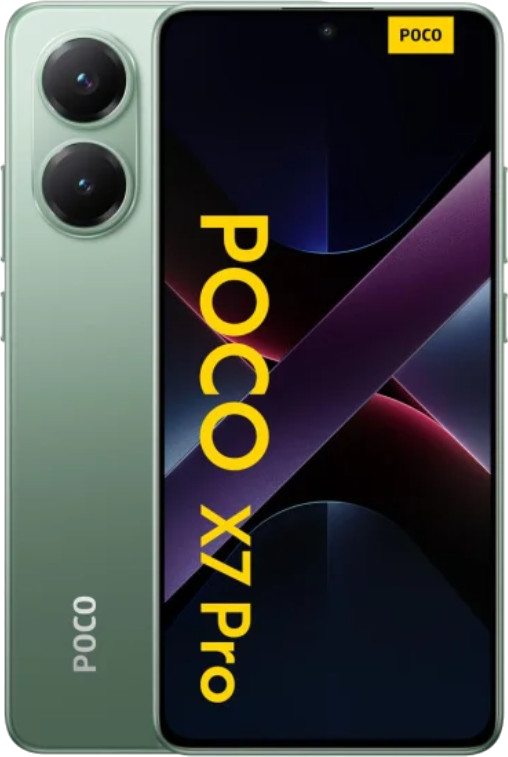 Zielony telefon z dwoma tylnymi aparatami, ekranem z tekstem POCO X7 Pro i logo POCO.