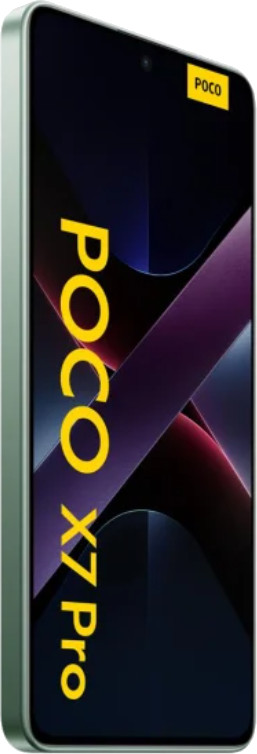 Zielony telefon Poco X7 Pro, pod kątem, z czarnym ekranem i żółtym tekstem.