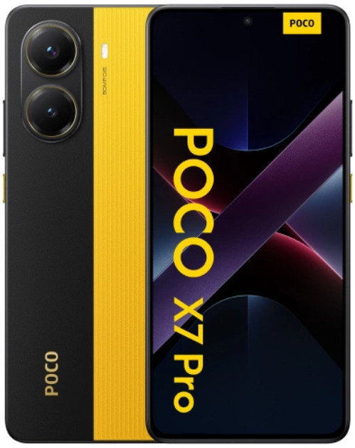 Czarny i żółty telefon Poco X7 Pro, dwa tylne aparaty, przedni ekran wyświetla nazwę.