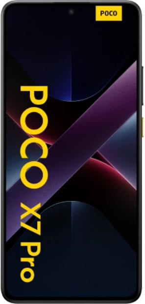 Telefon z tekstem POCO X7 Pro, pod kątem, czarna obudowa.