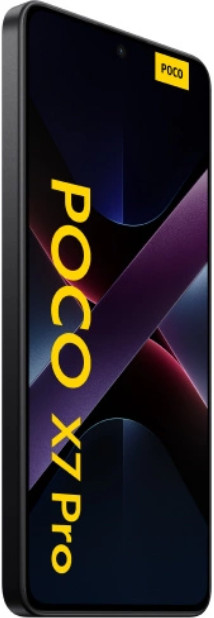 Czarny smartfon z napisem POCO X7 Pro z boku, na ciemnym tle.