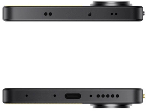 Widok z boku czarnego smartfona z żółtym akcentem na białym tle.